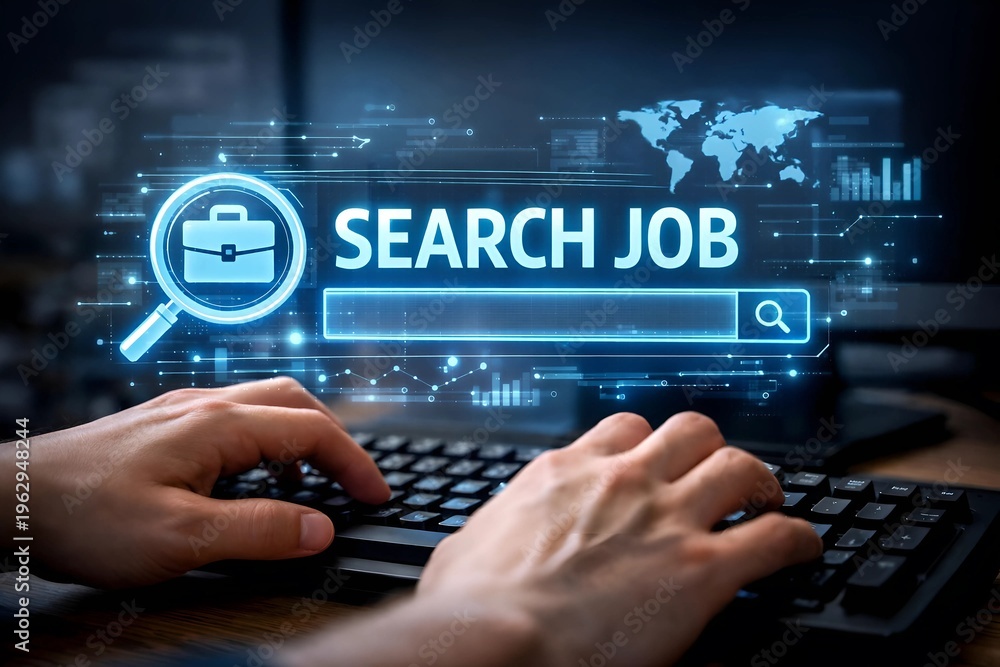 Naklejka premium close up view of hands typing on a computer keyboard with a glowing digital overlay showing a search job bar and a briefcase icon, representing modern online recruitment and career
