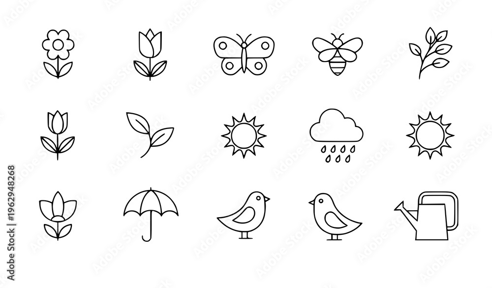 Fototapeta premium Spring Line Icon Set Editable Stroke Seasonal Nature Vector Icons on White Background