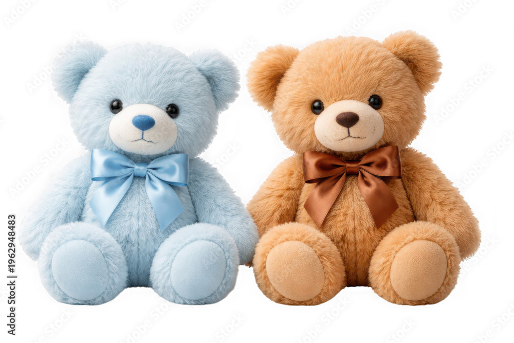 Fototapeta premium Two cute teddy bears, one blue, one brown, with bows as clean cutout isolated on transparent background