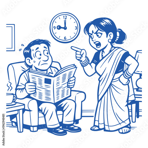 Woman scolds man sitting on a couch reading a newspaper late at night.