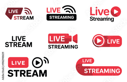 Set of eight red and black live streaming and badges featuring play buttons camera silhouettes signal waves and bold typography on a white background