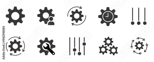 Set of ten dark gray featuring gear wheels user profile clock wrench circular arrows and vertical adjustment sliders on a white background