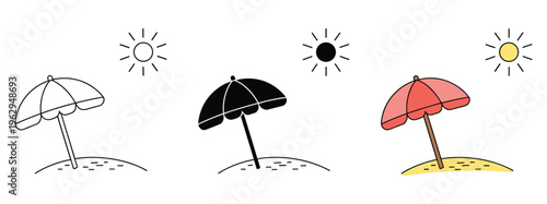 Three beach umbrella with sun symbols in outline silhouette and flat color styles on a white background