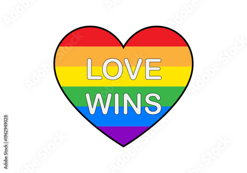 Corazón con los colores de la bandera arcoíris y el texto love wins que simboliza la igualdad y el orgullo lgbtq