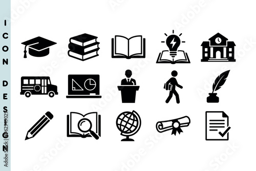 Set of icons for university campus life and graduation ceremony. Featuring solid glyphs for school bus, graduation gown, lecture hall, and legal documents. Solid black vector design.