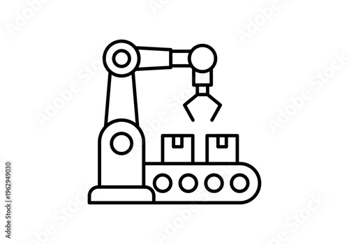 Icono lineal de un brazo robótico industrial trabajando en una cinta transportadora con paquetes para automatización de almacén