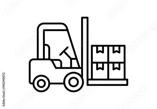 Icono lineal de un montacargas elevando cajas de cartón en un palé para trabajos de logística y almacén