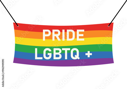Pancarta colgada con los colores de la bandera arcoíris y el texto pride lgbtq+ en letras blancas