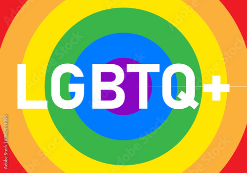 Texto de lgbtq+ en letras blancas sobre un fondo de círculos concéntricos con los colores de la bandera arcoíris