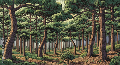 A stylized forest scene with tall trees, lush foliage, and dappled light