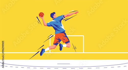 A player in mid-air throwing a ball towards a goal, vector illustration