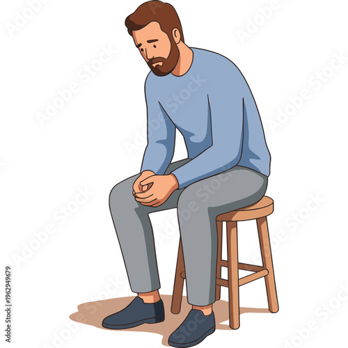 A man sits on a stool appearing sad and concerned