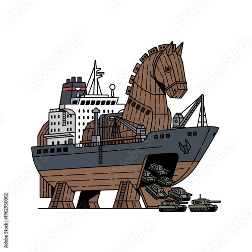 Trojan Horse Ship Illustration Modern Warfare Concept Art Military Vehicle Design Vector Graphic Digital Painting Cyberpunk Sci Fi