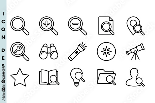 Set of icons for search investigation and discovery exploration. Features magnifying glass, binoculars, flashlight, compass, and folder exploration tools. Linear vector design.
