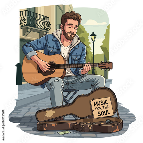A smiling musician plays guitar, sitting outdoors, with his case open for tips
