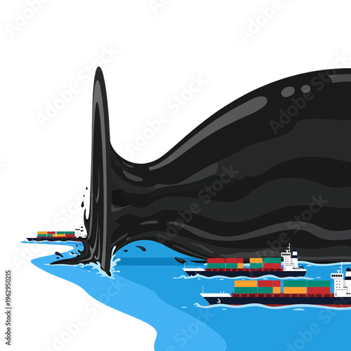 Giant Whale Swallowing Cargo Ships Illustration Digital Art Ocean Disaster Environmental Threat Cartoon Graphic Design Vector Image