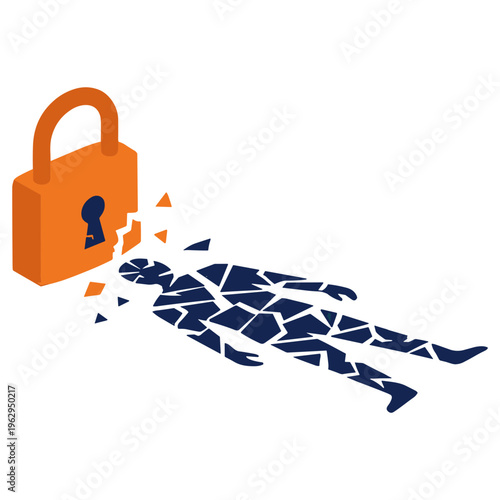 A broken padlock shatters into pieces on the ground.