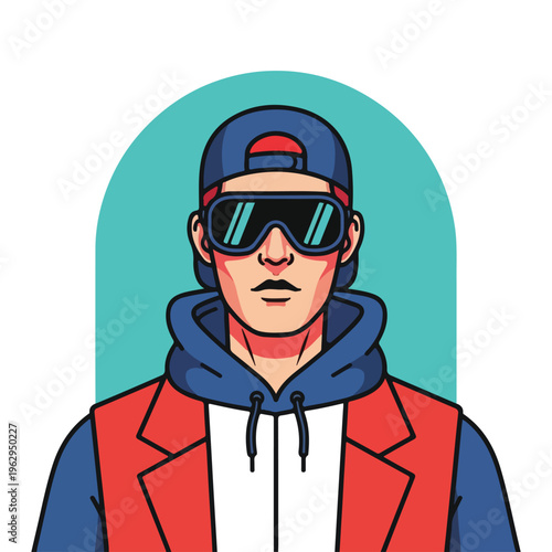 A stylized illustration of a person with sunglasses and cap