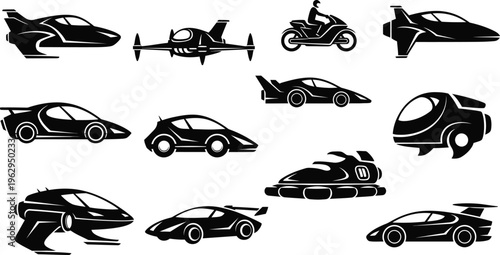 Collection of various vehicle silhouettes including cars aircraft and motorcycles