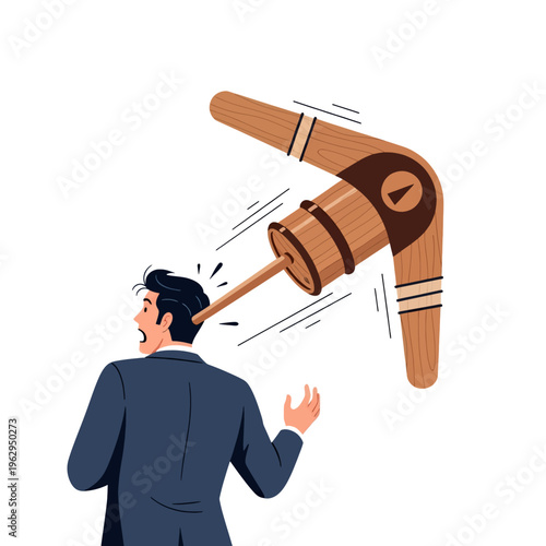 Funny Cartoon Man Hit by Flying Boomerang Unexpected Mishap Humorous Illustration Vector Graphic Design Comic Style Animation