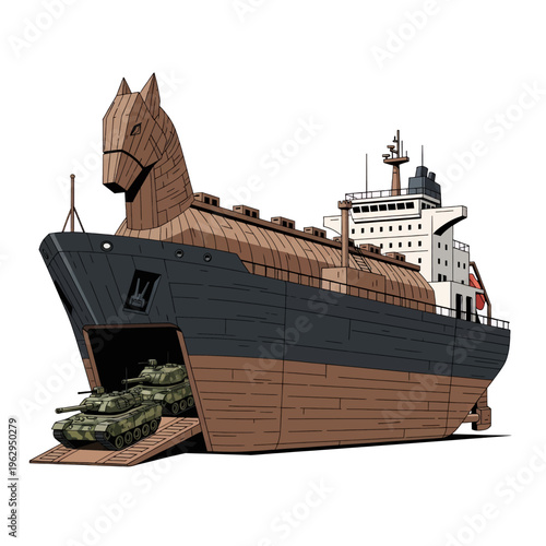 Trojan Horse Ship Illustration - Tanks Inside Wooden Horse Transport Vehicle Cartoon Art Digital Drawing Concept Design