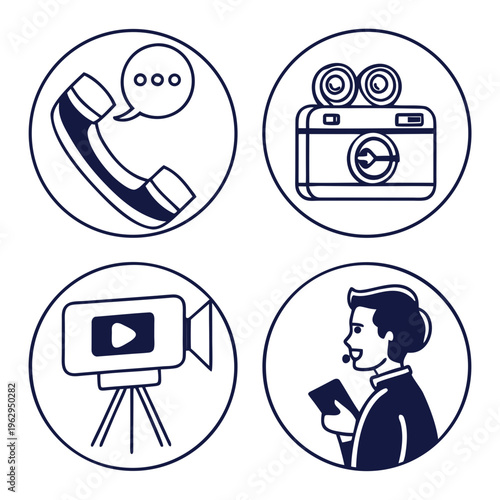 Icons of phone, video camera, movie camera and customer service