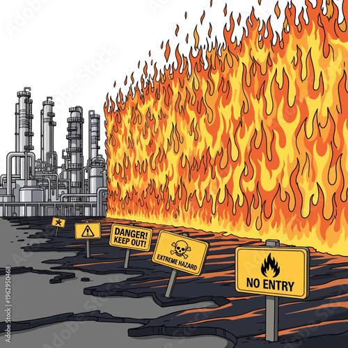 Industrial Fire Hazard Illustration - Oil Refinery Inferno and Warning Signs - Danger Zone Stock Footage for Safety Training