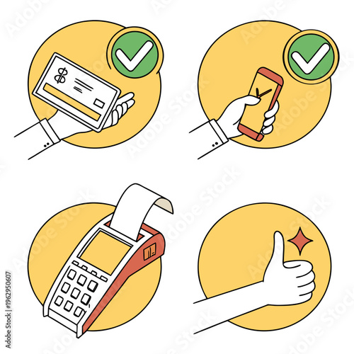 Payment methods with checkmarks and a thumb up