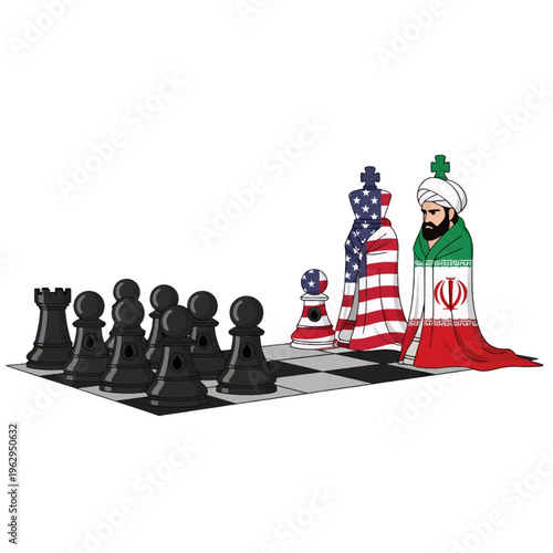 US Iran Chess Game Political Cartoon Illustration International Relations Conflict Diplomacy Symbolism Graphic Design Vector Art Analysis