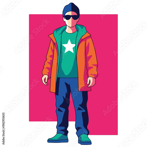 A stylized illustration of a person with sunglasses and various layers