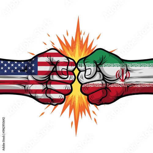 USA vs Iran Conflict Illustration Fist Fight Graphic Design Political Tension War Symbolism International Relations Cartoon Vector Image