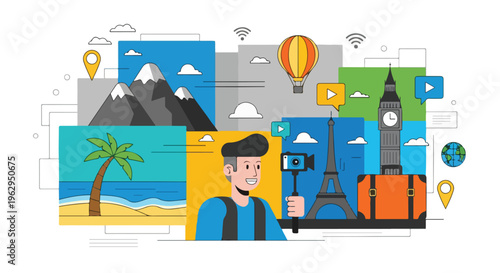 A smiling person traveling with selfie stick and travel elements