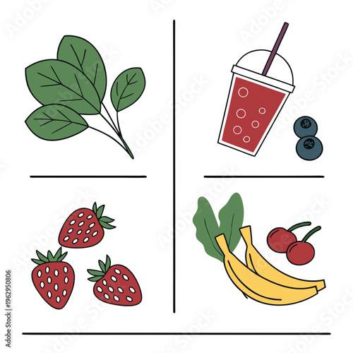 A collection of fruit and a smoothie