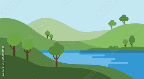 A serene landscape with hills, trees, and a body of water