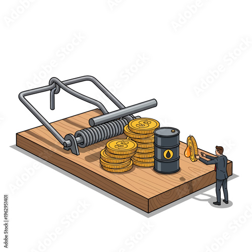 Financial Trap Illustration Business Risk Investment Money Oil Barrel Dollar Coins Businessman Cartoon Graphic Design Stock Image