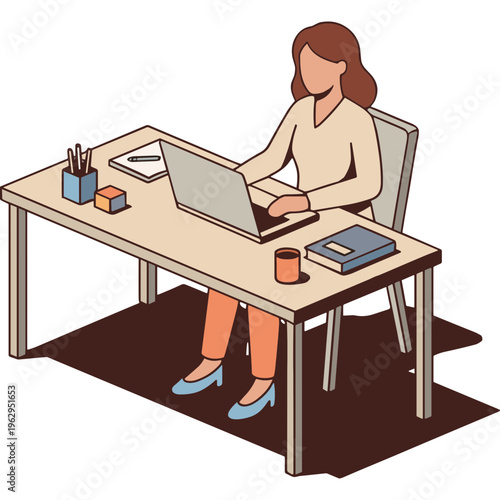 Woman sits at desk working on laptop with books and office supplies nearby indoors