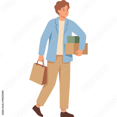 Man walks while carrying books and a shopping bag indoors