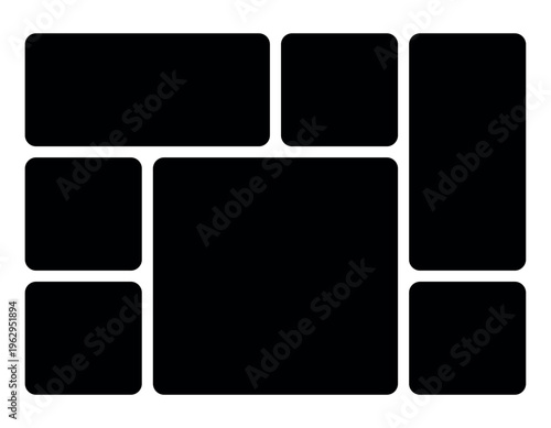Asymmetrical black grid layout featuring multiple rounded rectangular placeholders offers a flexible design for photo collages or diverse content presentation on a clean white backdrop.