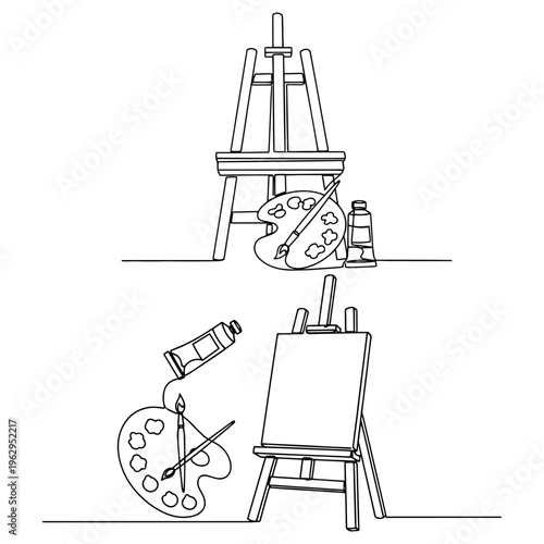 Artist painting tools continuous line art, minimalist silhouette of easel, palette, and brushes set