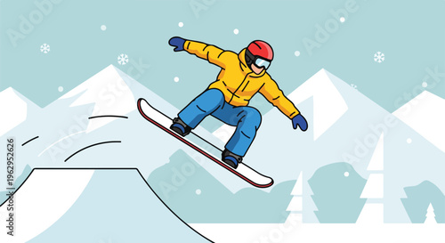 A snowboarder jumps off a ramp in the mountains, surrounded by snow