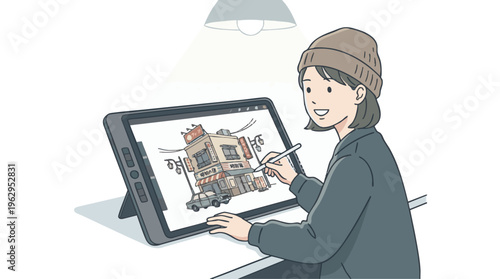 Digital Artist Drawing Vintage City Street on Tablet