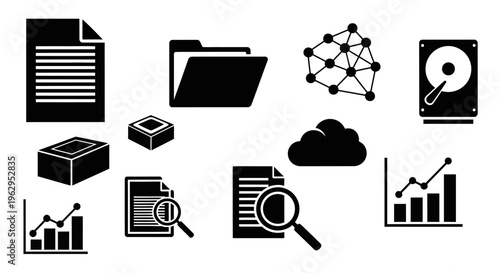 Black data management and analysis icons set including documents folders cloud storage graphs and network connection symbols on white background for business and technology