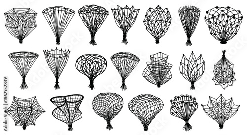 Collection of various black line art parachutes in different shapes and designs on white background
