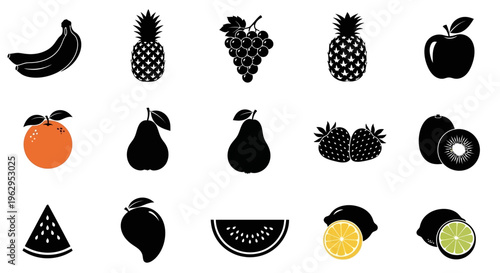 Collection of various fruit icons in black silhouettes on white background