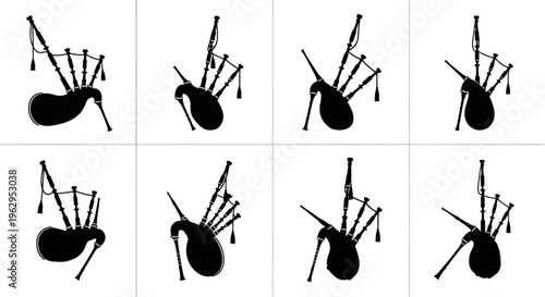 Set of traditional scottish bagpipes in various positions on white background