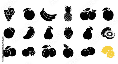 Collection of various fruit icons in black and yellow on white background for design and decoration