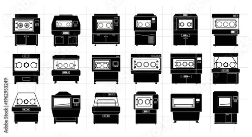 Collection of various industrial oven designs and control panels on white background