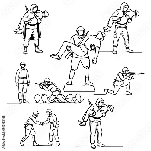 Soldier in battlefield continuous line art, silhouettes of military poses and soldier carrying wounded comrade