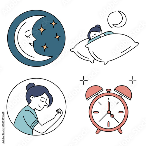 Sleep icons with moon, woman sleeping and alarm clock