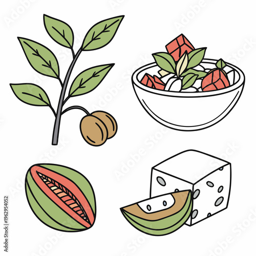 A collection of melon and cheese illustrations